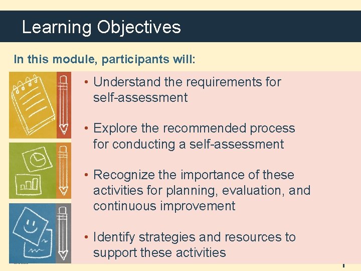 Learning Objectives In this module, participants will: • Understand the requirements for self-assessment •
