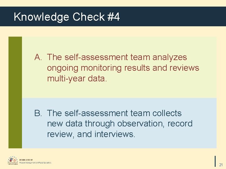 Knowledge Check #4 A. The self-assessment team analyzes ongoing monitoring results and reviews multi-year