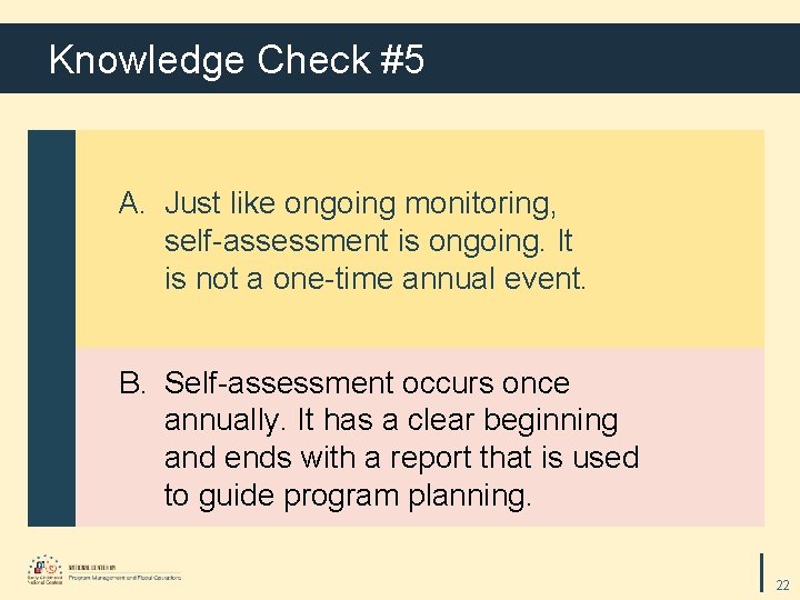 Knowledge Check #5 A. Just like ongoing monitoring, self-assessment is ongoing. It is not
