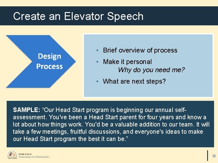Create an Elevator Speech • Brief overview of process • Make it personal Why