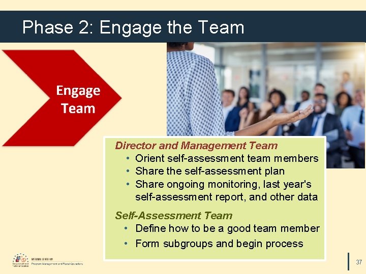 Phase 2: Engage the Team Director and Management Team • Orient self-assessment team members