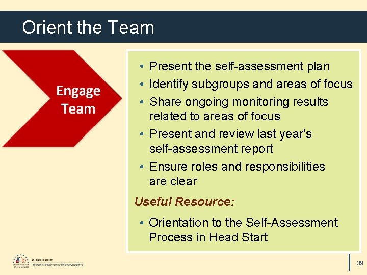 Orient the Team • Present the self-assessment plan • Identify subgroups and areas of