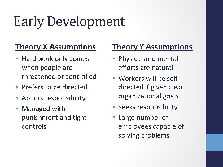 Early Development Theory X Assumptions Theory Y Assumptions • Hard work only comes when