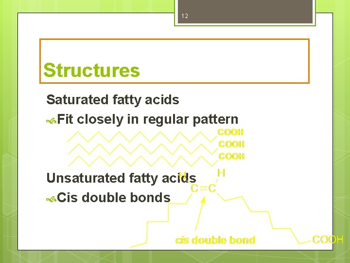 12 Structures Saturated fatty acids Fit closely in regular pattern Unsaturated fatty acids Cis