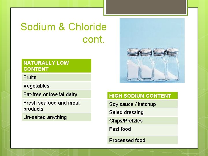Sodium & Chloride cont. NATURALLY LOW CONTENT Fruits Vegetables Fat-free or low-fat dairy HIGH