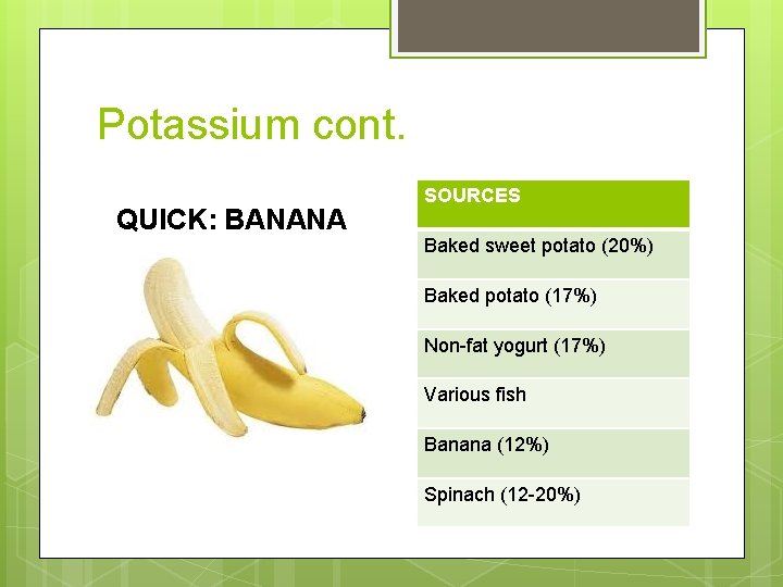 Potassium cont. QUICK: BANANA SOURCES Baked sweet potato (20%) Baked potato (17%) Non-fat yogurt
