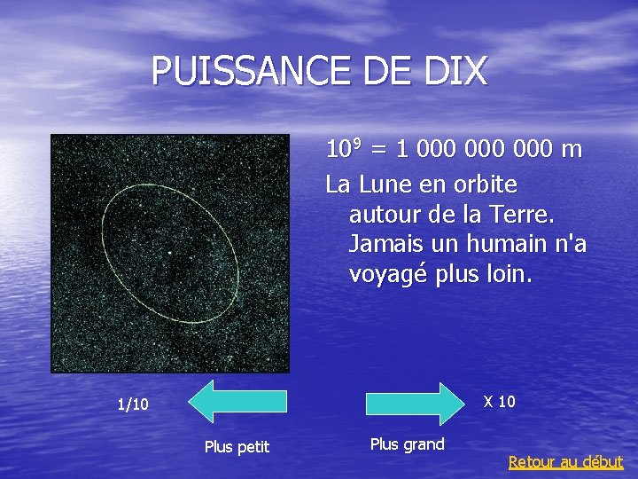 PUISSANCE DE DIX 109 = 1 000 000 m La Lune en orbite autour