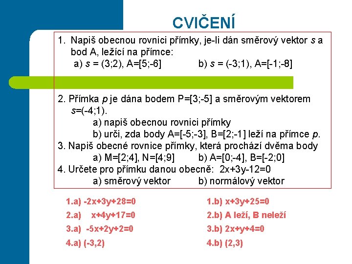 CVIČENÍ 1. Napiš obecnou rovnici přímky, je-li dán směrový vektor s a bod A,
