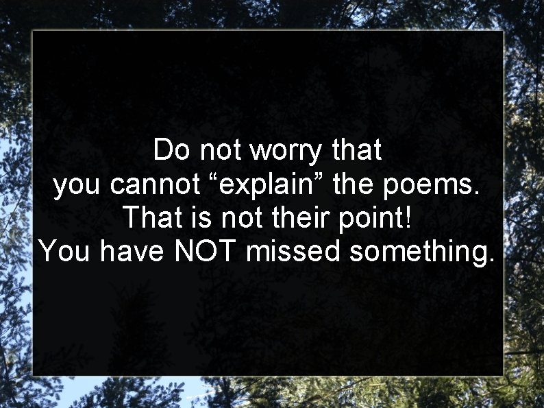 Do not worry that you cannot “explain” the poems. That is not their point!