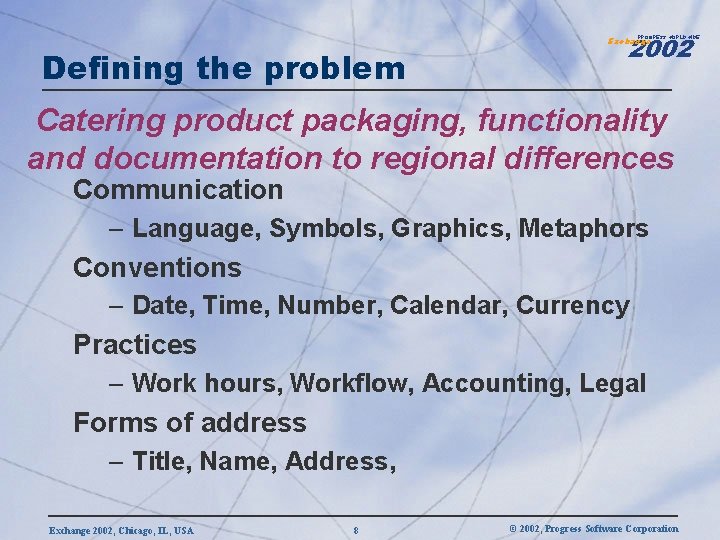 2002 PROGRESS WORLDWIDE Defining the problem Exchange Catering product packaging, functionality and documentation to