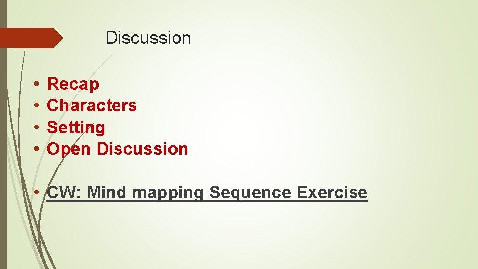 Discussion • • Recap Characters Setting Open Discussion • CW: Mind mapping Sequence Exercise