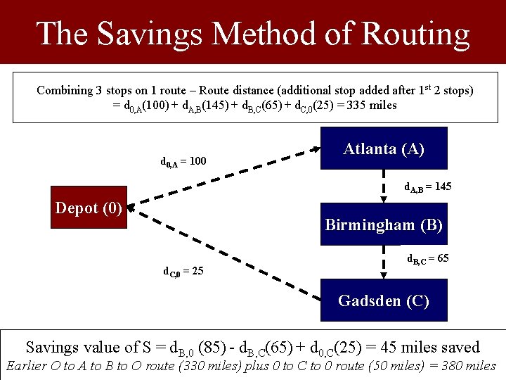 The Savings Method of Routing Combining 3 stops on 1 route – Route distance