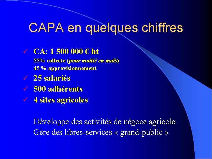 CAPA en quelques chiffres ü CA: 1 500 000 € ht 55% collecte (pour