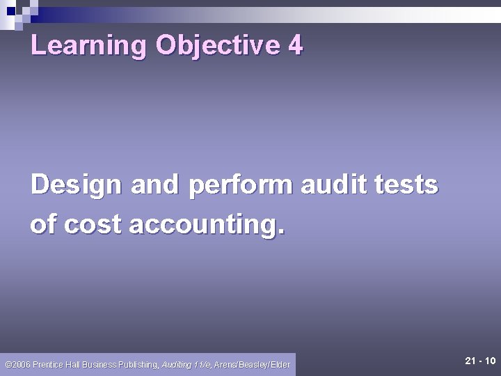 Learning Objective 4 Design and perform audit tests of cost accounting. © 2006 Prentice
