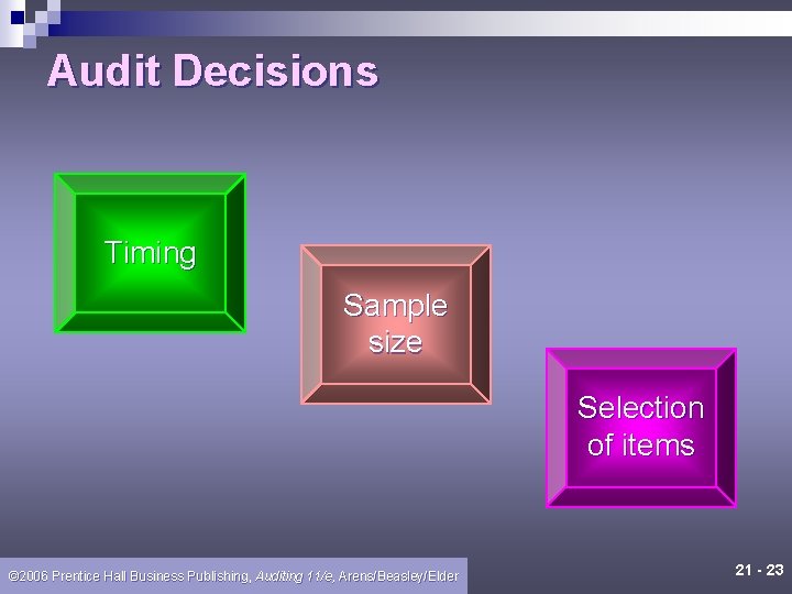 Audit Decisions Timing Sample size Selection of items © 2006 Prentice Hall Business Publishing,