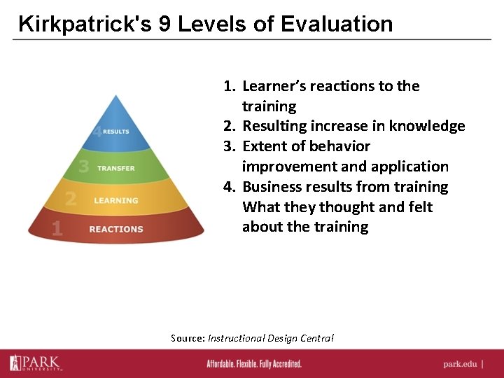 Kirkpatrick's 9 Levels of Evaluation 1. Learner’s reactions to the training 2. Resulting increase