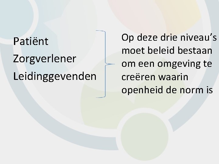 Patiënt Zorgverlener Leidinggevenden Op deze drie niveau’s moet beleid bestaan om een omgeving te