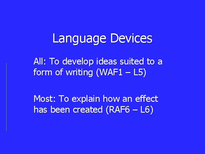Language Devices All: To develop ideas suited to a form of writing (WAF 1
