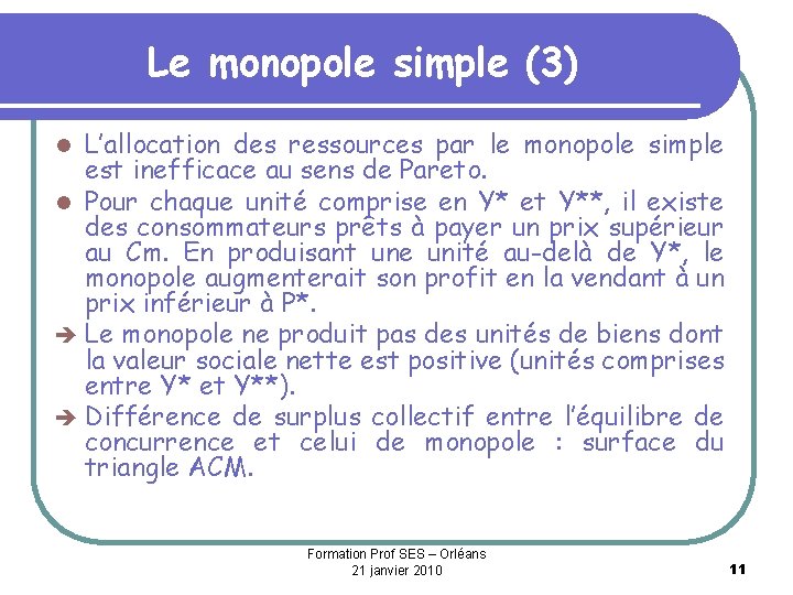 Le monopole simple (3) L’allocation des ressources par le monopole simple est inefficace au