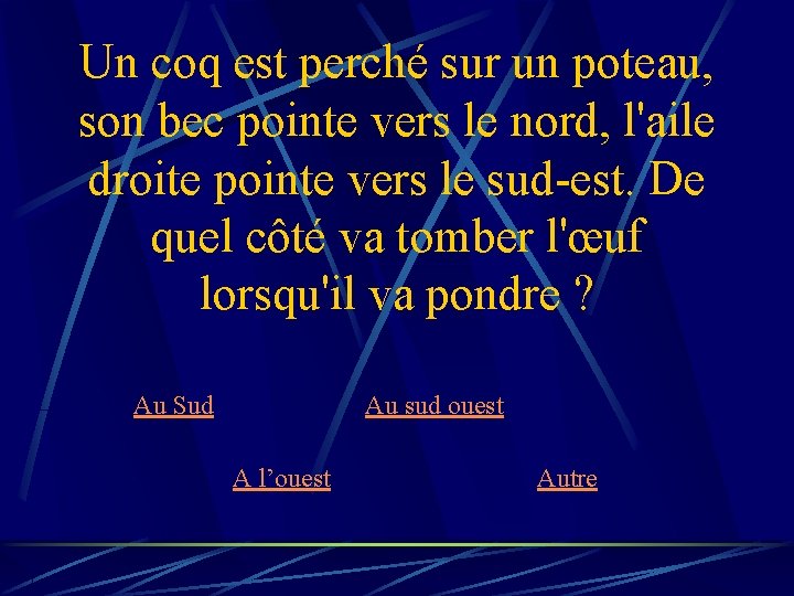 Un coq est perché sur un poteau, son bec pointe vers le nord, l'aile