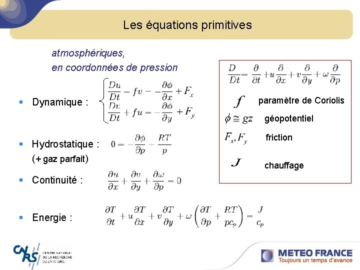 Les équations primitives atmosphériques, en coordonnées de pression paramètre de Coriolis § Dynamique :