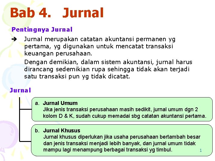 Bab 4. Jurnal Pentingnya Jurnal merupakan catatan akuntansi permanen yg pertama, yg digunakan untuk