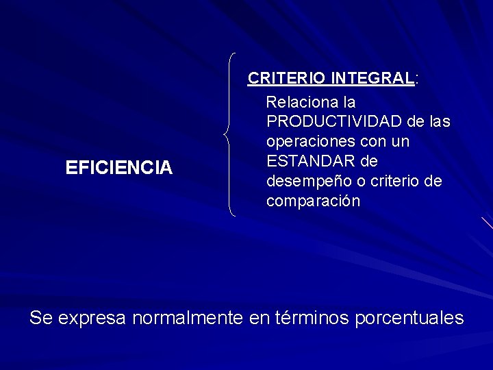 EFICIENCIA CRITERIO INTEGRAL: Relaciona la PRODUCTIVIDAD de las operaciones con un ESTANDAR de desempeño