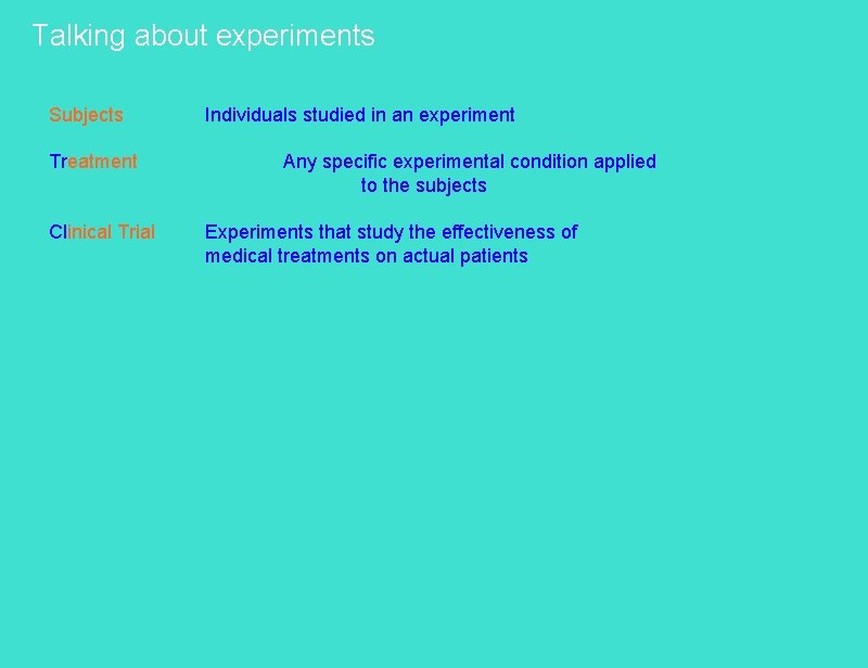 Talking about experiments Subjects Treatment Clinical Trial Individuals studied in an experiment Any specific