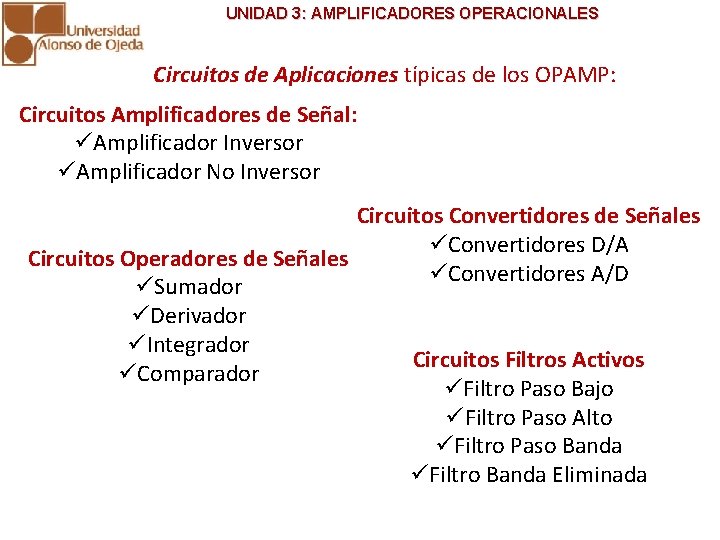 UNIDAD 3: AMPLIFICADORES OPERACIONALES Circuitos de Aplicaciones típicas de los OPAMP: Circuitos Amplificadores de