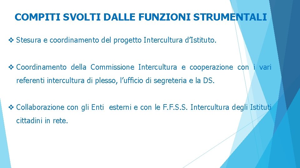 COMPITI SVOLTI DALLE FUNZIONI STRUMENTALI v Stesura e coordinamento del progetto Intercultura d’Istituto. v COMPITI SVOLTI DALLE FUNZIONI STRUMENTALI v Stesura e coordinamento del progetto Intercultura d’Istituto. v