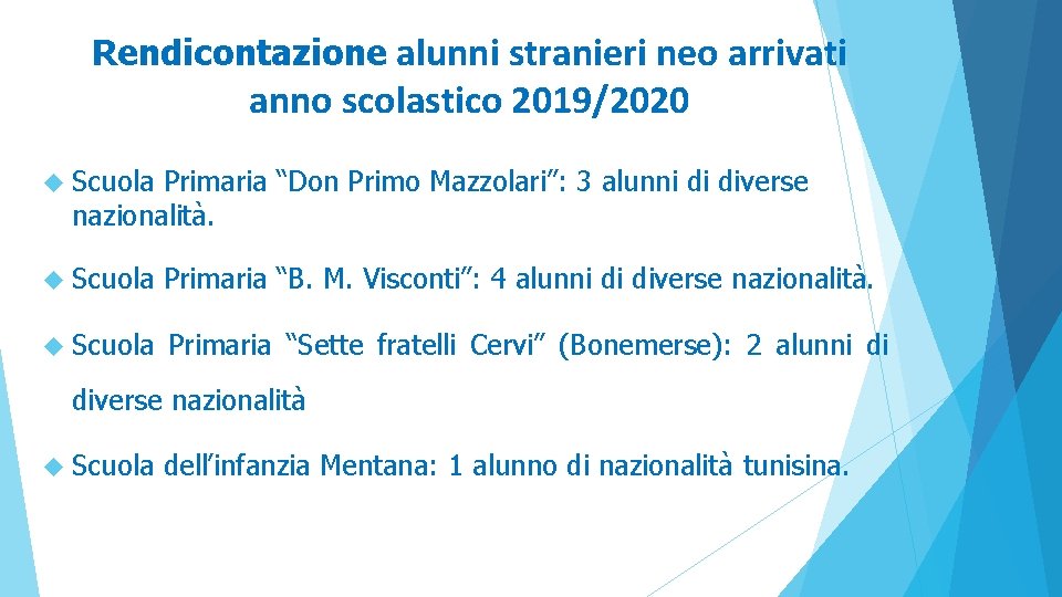Rendicontazione alunni stranieri neo arrivati anno scolastico 2019/2020 Scuola Primaria “Don Primo Mazzolari”: 3 Rendicontazione alunni stranieri neo arrivati anno scolastico 2019/2020 Scuola Primaria “Don Primo Mazzolari”: 3