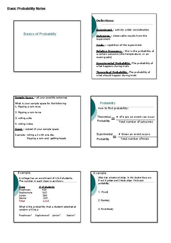 Basic Probability Notes Definitions Experiment – activity under consideration Basics of Probability Outcomes –