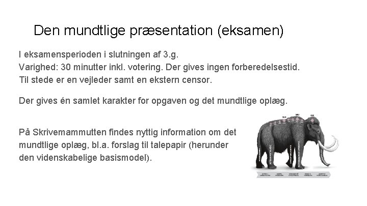 Den mundtlige præsentation (eksamen) I eksamensperioden i slutningen af 3. g. Varighed: 30 minutter