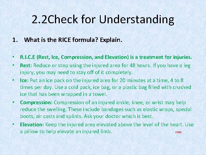 2. 2 Check for Understanding 1. What is the RICE formula? Explain. • R. 2. 2 Check for Understanding 1. What is the RICE formula? Explain. • R.