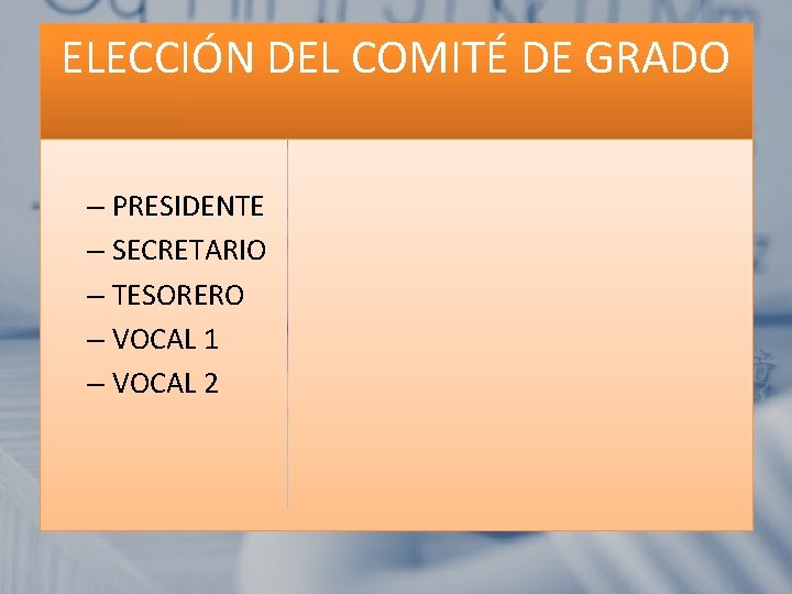 ELECCIÓN DEL COMITÉ DE GRADO – PRESIDENTE – SECRETARIO – TESORERO – VOCAL 1