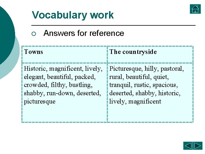 Vocabulary work ¡ Answers for reference Towns The countryside Historic, magnificent, lively, elegant, beautiful,