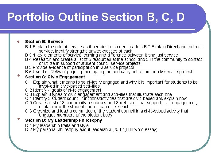 Portfolio Outline Section B, C, D l • • Section B: Service B. 1 Portfolio Outline Section B, C, D l • • Section B: Service B. 1