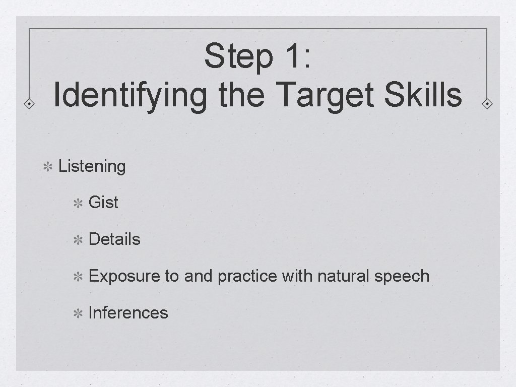 Step 1: Identifying the Target Skills Listening Gist Details Exposure to and practice with