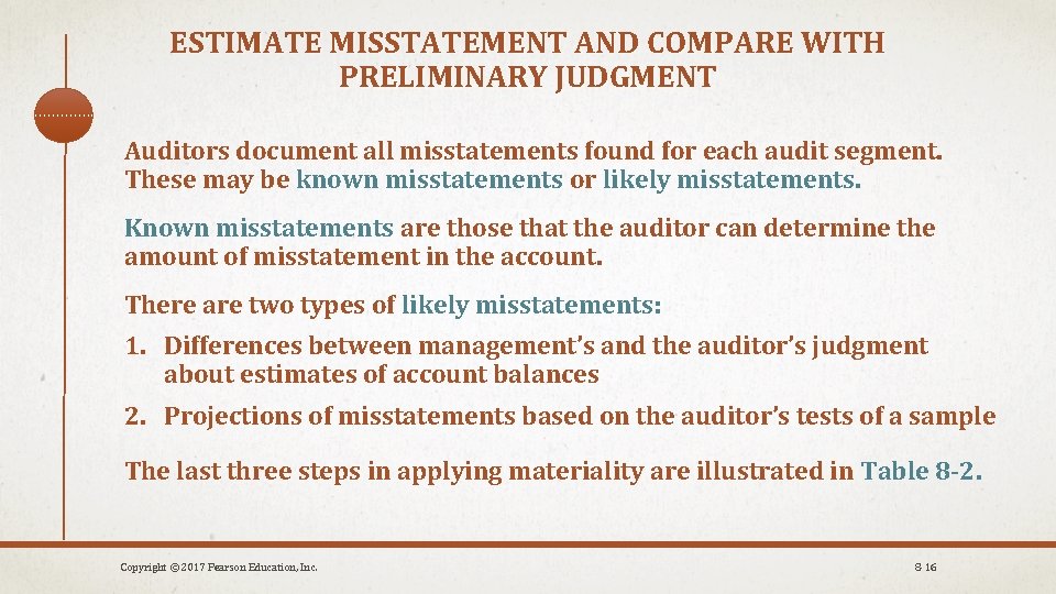 ESTIMATE MISSTATEMENT AND COMPARE WITH PRELIMINARY JUDGMENT Auditors document all misstatements found for each