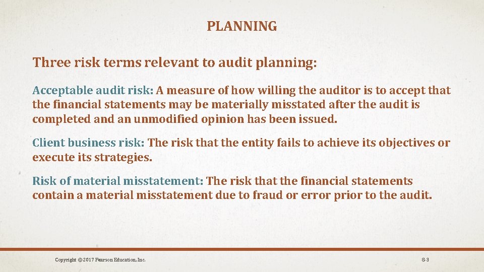 PLANNING Three risk terms relevant to audit planning: Acceptable audit risk: A measure of