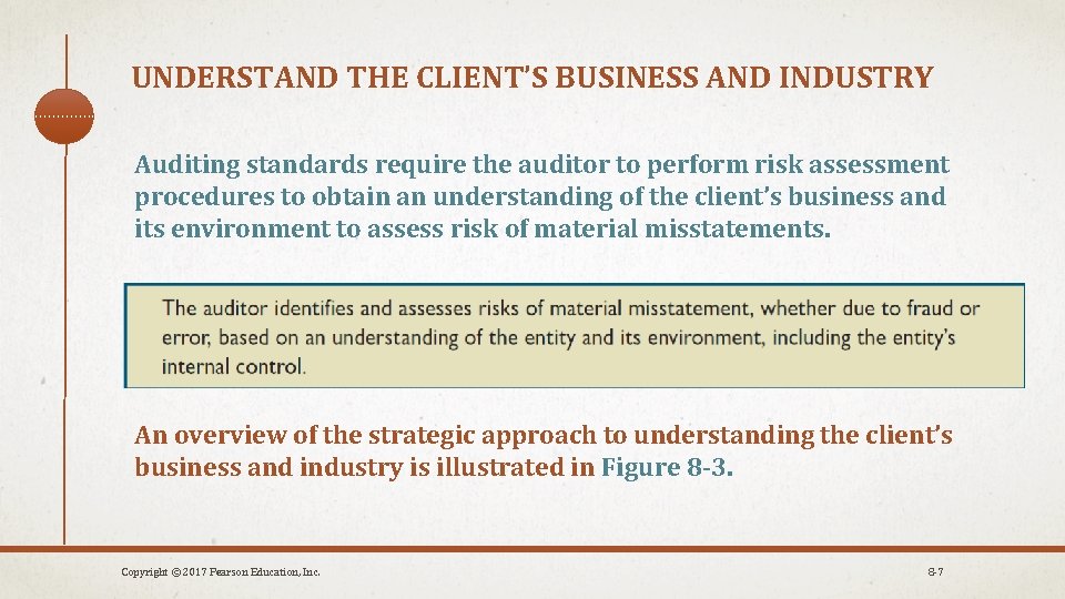 UNDERSTAND THE CLIENT’S BUSINESS AND INDUSTRY Auditing standards require the auditor to perform risk