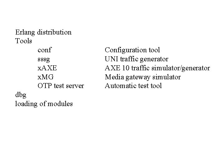 Erlang distribution Tools conf sssg x. AXE x. MG OTP test server dbg loading Erlang distribution Tools conf sssg x. AXE x. MG OTP test server dbg loading