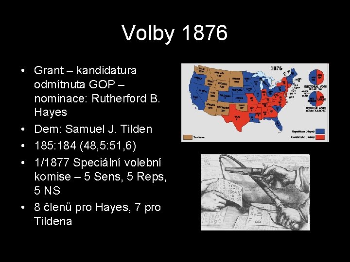 Volby 1876 • Grant – kandidatura odmítnuta GOP – nominace: Rutherford B. Hayes •