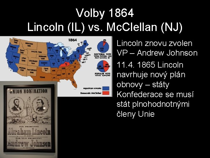 Volby 1864 Lincoln (IL) vs. Mc. Clellan (NJ) • Lincoln znovu zvolen VP –