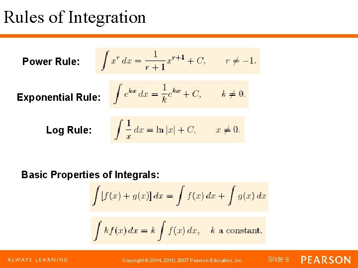 Rules of Integration Power Rule: Exponential Rule: Log Rule: Basic Properties of Integrals: Copyright