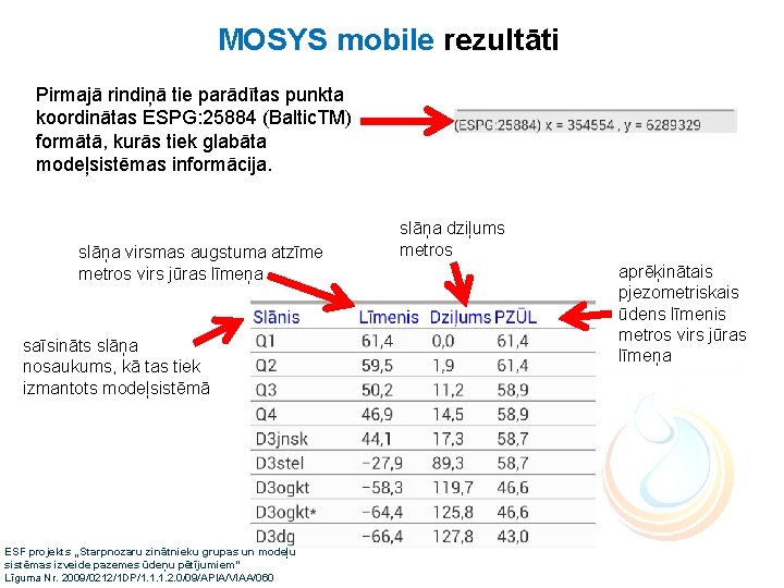 MOSYS mobile rezultāti Pirmajā rindiņā tie parādītas punkta koordinātas ESPG: 25884 (Baltic. TM) formātā,