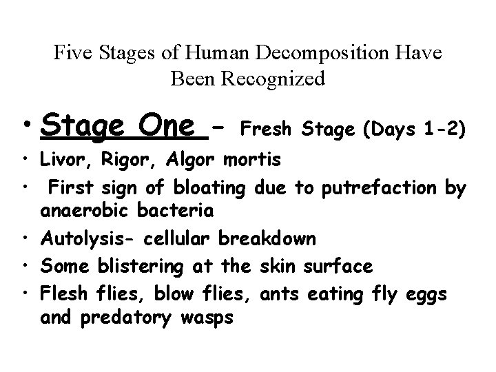 Five Stages of Human Decomposition Have Been Recognized • Stage One - Fresh Stage