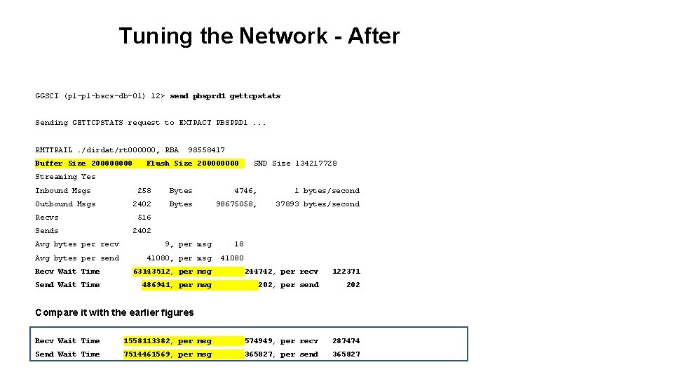 Tuning the Network - After GGSCI (pl-p 1 -bscs-db-01) 12> send pbsprd 1 gettcpstats Tuning the Network - After GGSCI (pl-p 1 -bscs-db-01) 12> send pbsprd 1 gettcpstats