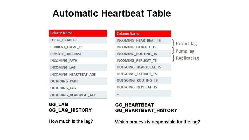 Automatic Heartbeat Table GG_LAG_HISTORY GG_HEARTBEAT_HISTORY How much is the lag? Which process is responsible Automatic Heartbeat Table GG_LAG_HISTORY GG_HEARTBEAT_HISTORY How much is the lag? Which process is responsible