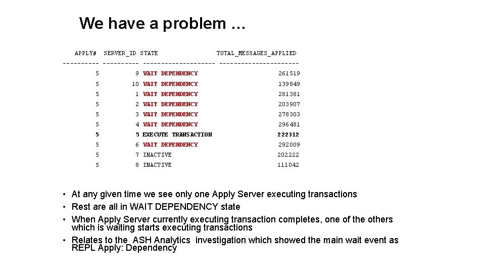 We have a problem … APPLY# SERVER_ID STATE TOTAL_MESSAGES_APPLIED --------------------- 5 9 WAIT DEPENDENCY We have a problem … APPLY# SERVER_ID STATE TOTAL_MESSAGES_APPLIED --------------------- 5 9 WAIT DEPENDENCY